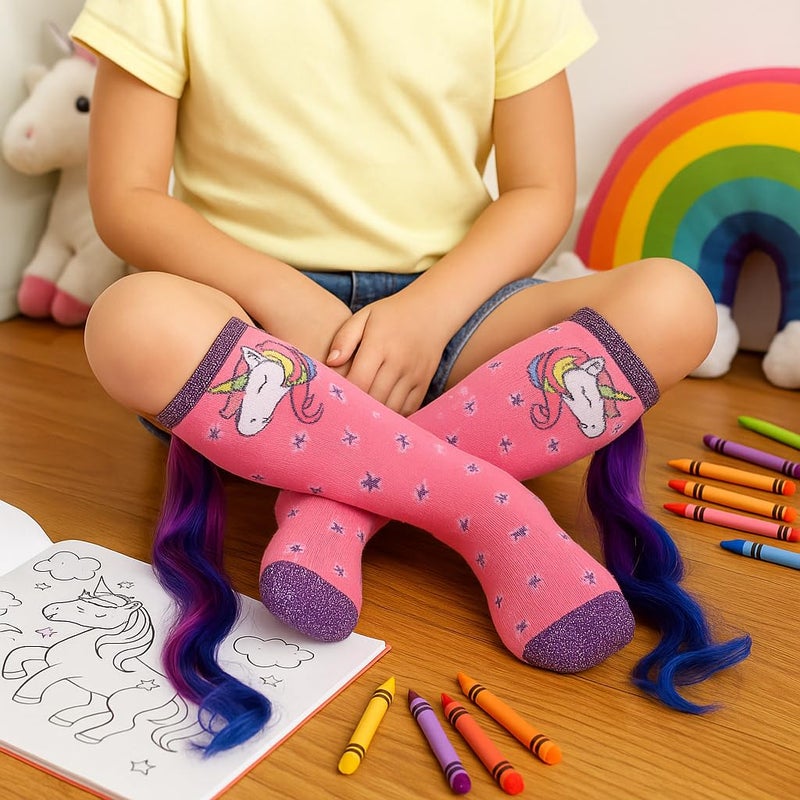 Gears Out Magical Unicorn Socks for Women & Kids - Pink Knee-High Novelty Socks with Colorful Ombre Tail, Sparkly Stars & Glitter Toes - Crazy Sock Day, Gift Idea - Image 4